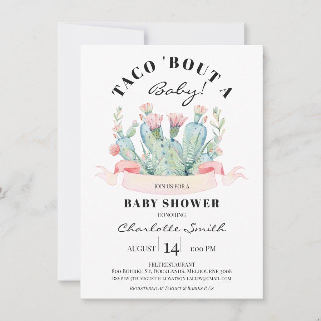 Invitación Taco Bout Un Bebé Suculento Cactus Baby Shower (Anverso)