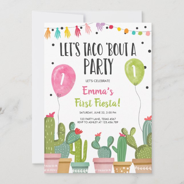 Invitación Taco Bout un Chica Fiesta Pink First Fiesta Cumple (Anverso)