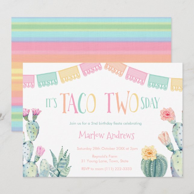 Invitación Taco Dos Días Segundo Fiesta Fiesta Por Chica (Anverso / Reverso)