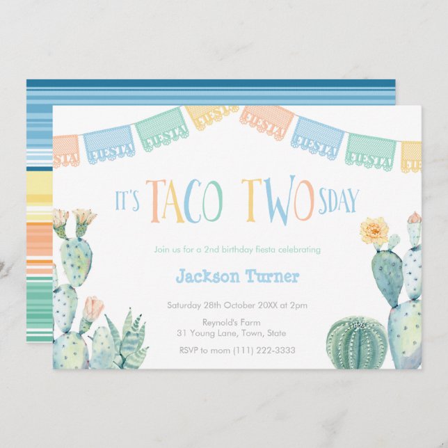 Invitación Taco dos domingo Martes 2 Fiesta de cumpleaños par (Anverso / Reverso)