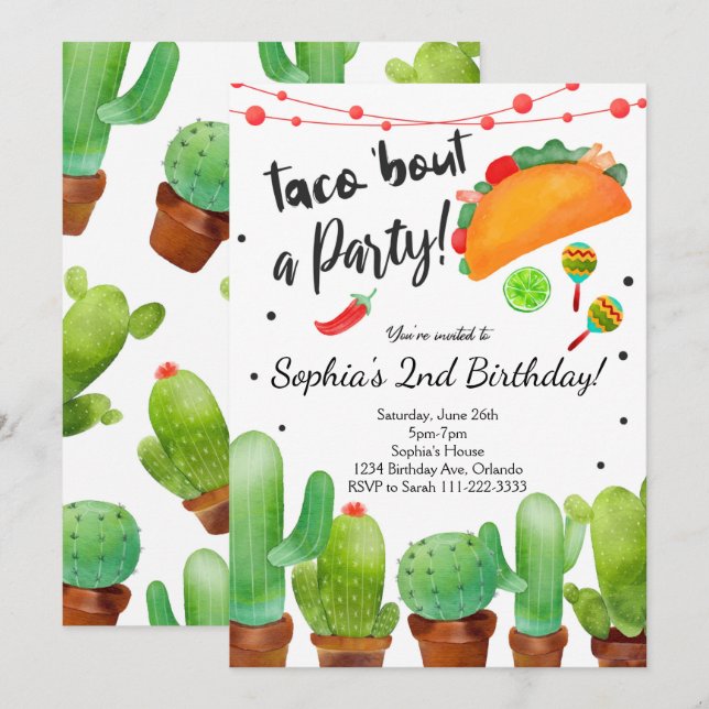 Invitación Taco Fiesta Bout Fiesta Watercolor Cactus Invite (Anverso / Reverso)