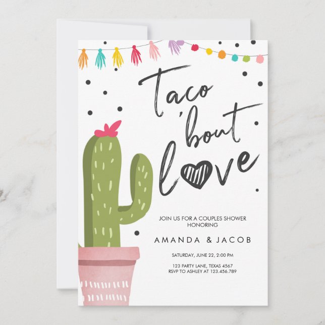 Invitación Taco Fiesta de Amor para la Ducha de Parejas Cactu (Anverso)