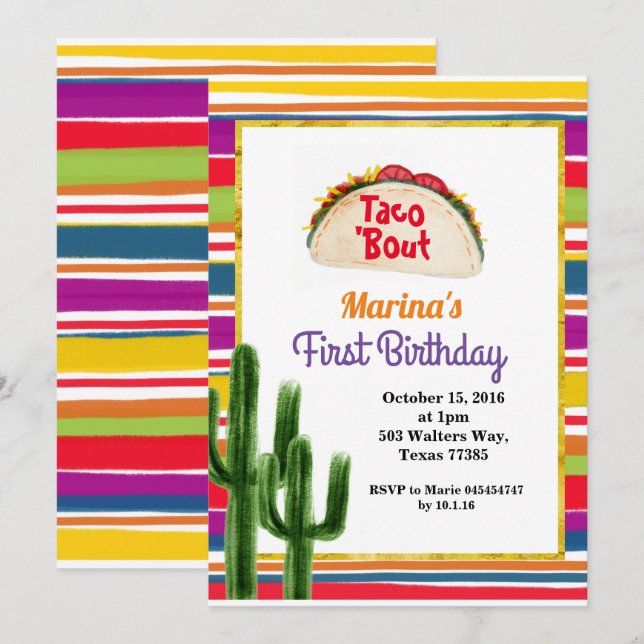 Invitación Taco fiesta Mexicano Primer Cumpleaños Mexicano (Anverso / Reverso)