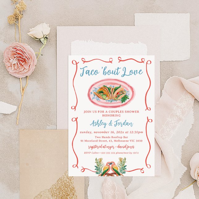 Invitación Taco mexicano colorido 'sobre ducha de parejas de  (Whimsical Taco 'bout Love Couples Shower Invitation, Mexican Colorful Love Birds, Trendy Taco Couple)