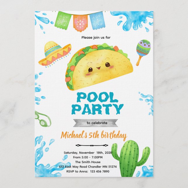 Invitación Taco Pool Party Birthday Invitation (Anverso)