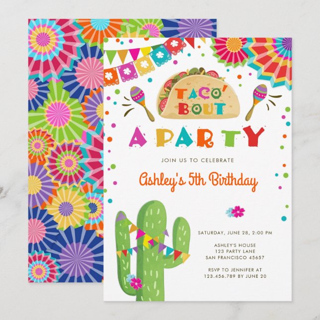 Invitación Taco sobre un Fiesta Fiesta Cactus Cumpleaños Mexi (Anverso / Reverso)