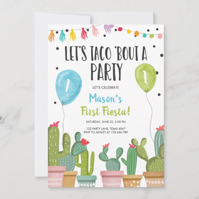 Invitación Taco sobre un niño Fiesta azul primer cumpleaños d (Anverso)
