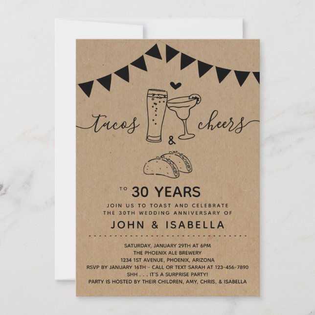 Invitación Taco Tequila Cheers & Beers Boda Aniversario (Anverso)