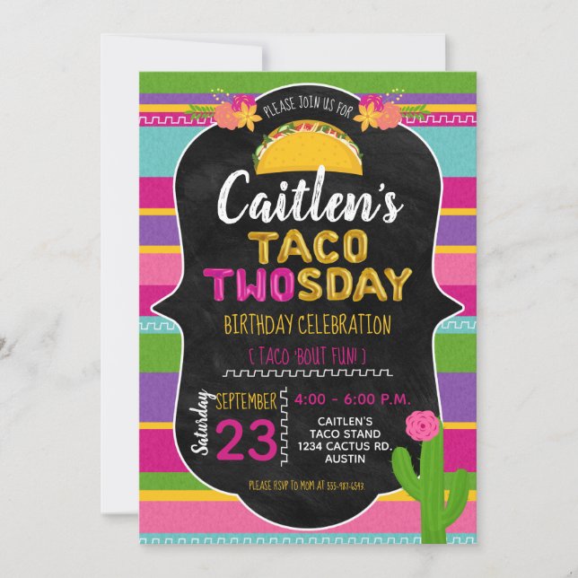 Invitación Taco Twosday Chica Segundo Cumpleaños (Anverso)
