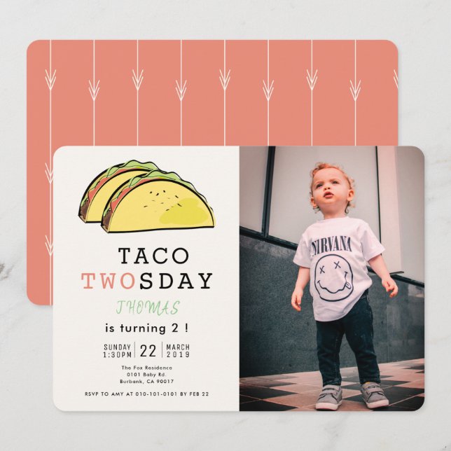 Invitación Taco Twosday Fiesta Mexicana Foto 2º cumpleaños (Anverso / Reverso)