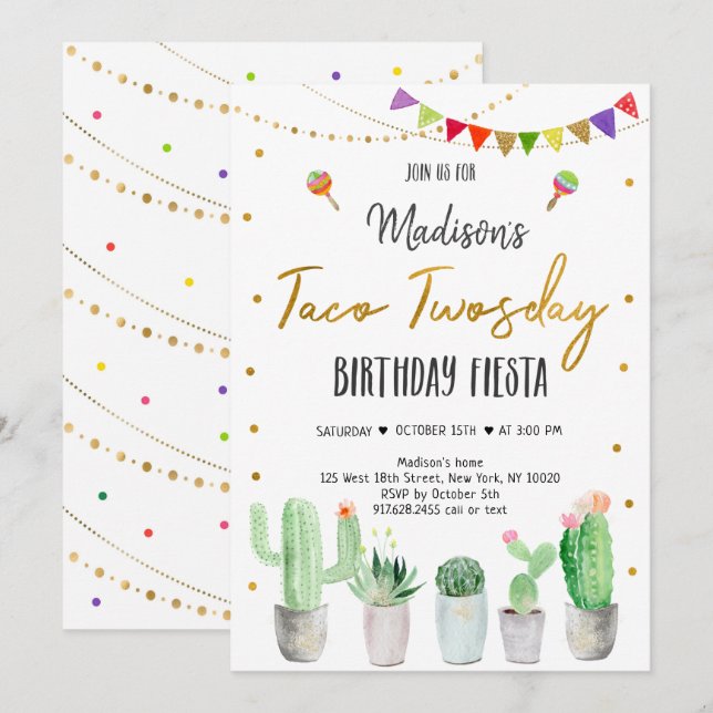 Invitación Taco Twosday Gold Fiesta Cumpleaños (Anverso / Reverso)