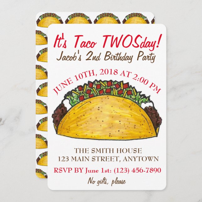 Invitación Taco TWOSday Martes 2 cumpleaños Fiesta Fiesta (Anverso / Reverso)