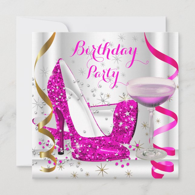 Invitación Tacon Altas Brillo Rosa Dorado Blanco Rosa Bebida  (Anverso)
