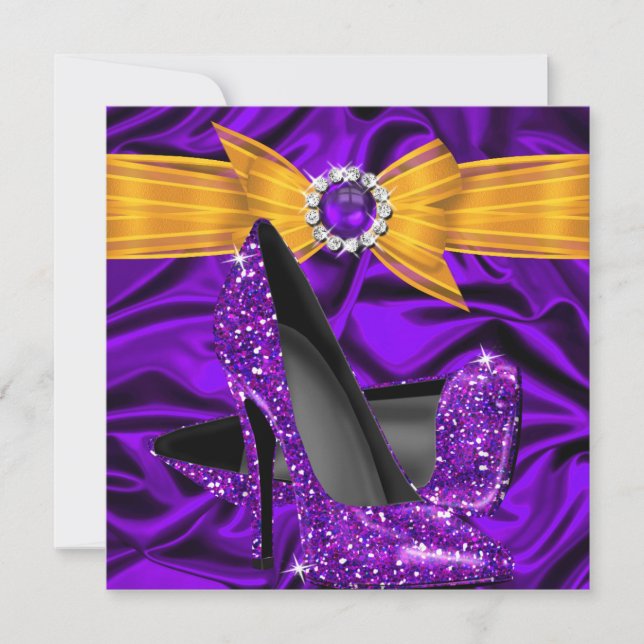 Invitación Tacon Altas de Fiesta de Cumpleaños de Seda Morado (Anverso)