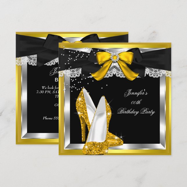 Invitación Tacon Alto Brillo Amarillo Dorado Plateado Fiesta  (Anverso / Reverso)