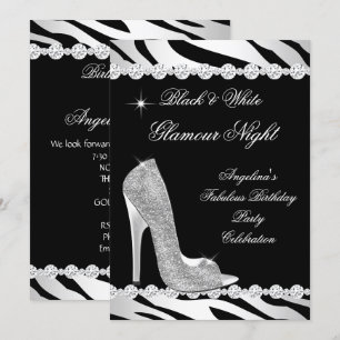 Invitación Tacon Alto Brillo Cebra Noche Glamour Blanco Negro
