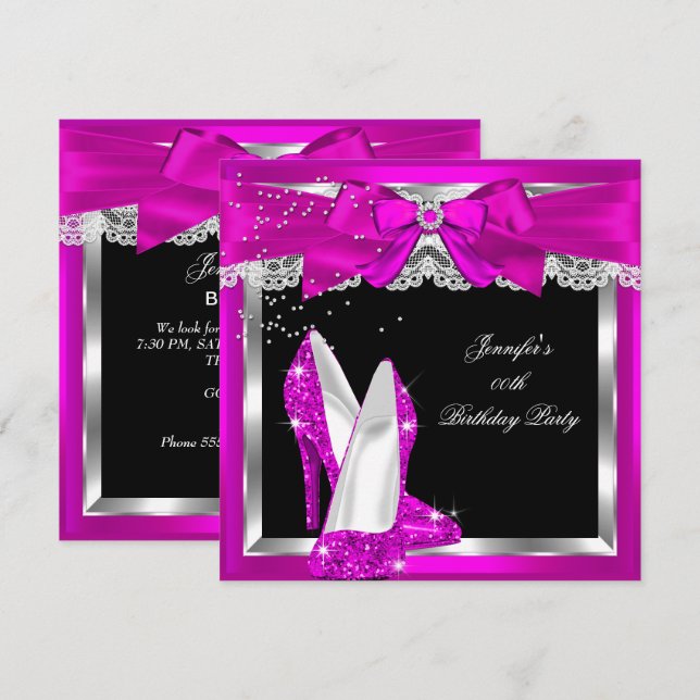 Invitación Tacon Alto Brillo Rosa Fucsia Fiesta Cumpleaños Pl (Anverso / Reverso)