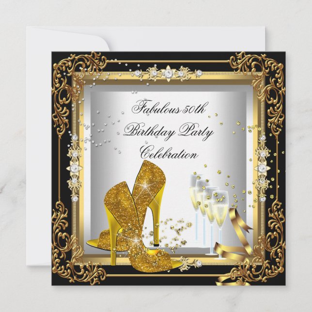 Invitación Tacón Alto Fiesta Cumpleaños Plata Oro Negro (Anverso)