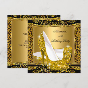 Invitación Tacón Alto Leopardo Glamour Elegante Brillante Oro