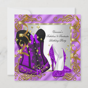 Invitación Tacón Alto Morado Corsé Plateado Cumpleaños Fiesta