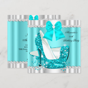 Invitación Tacón Alto Plateado Glamour Azul Teal Brillante El