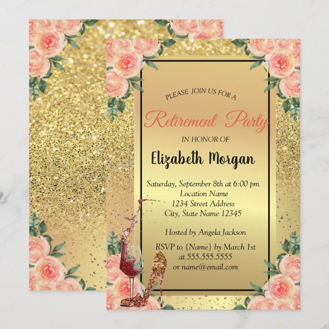 Invitación Tacón alto, vidrio, flores doradas con brillo para (Anverso / Reverso)
