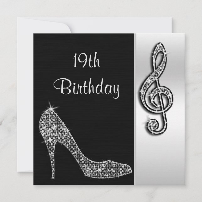 Invitación Tacón de plata y Clef de Treble Cumpleaños 19 (Anverso)