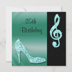 Invitación Tacón de salón teal y Clef triple de 25 cumpleaños