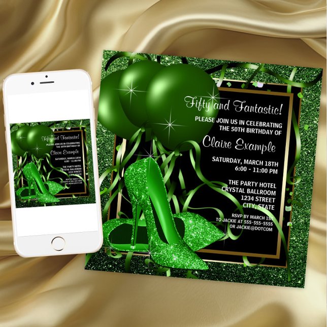 Invitación Tacon de zapato alto verde esmeralda de mujer para (Emerald green and gold any occasion invitation. Instant download and printed invitations available.)