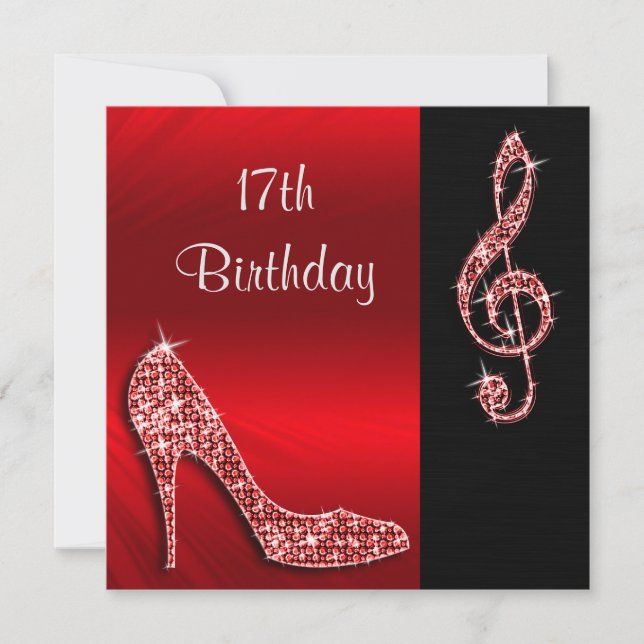 Invitación Tacón Rojo & Clef de Triple 17 Cumpleaños (Anverso)