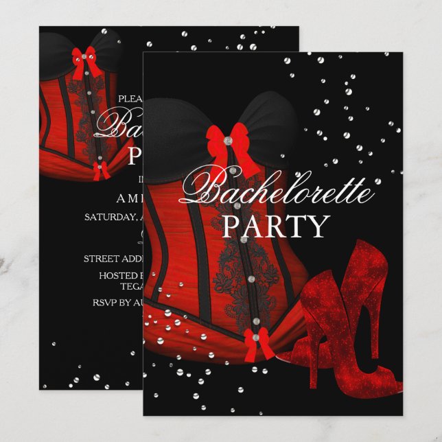 Invitación Tacon Rojos y Corsé de Encaje Despedida de Soltera (Anverso / Reverso)