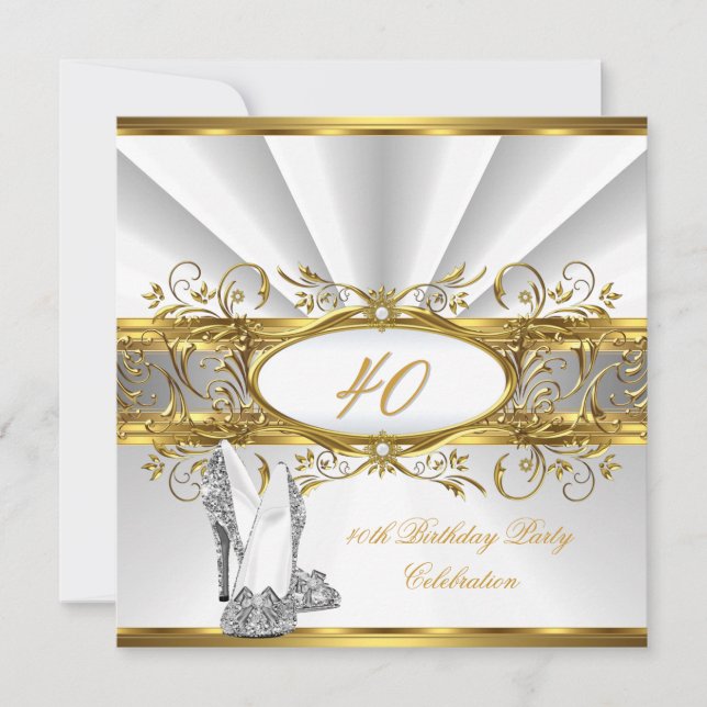 Invitación Taconeras de Plata y Oro Blanco para Cumpleaños 40 (Anverso)