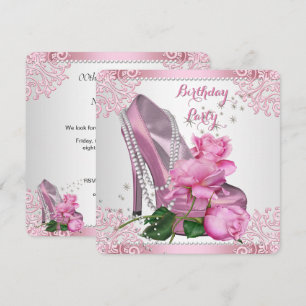 Invitación Taconeras Rosa Rosa Encaje Perlas Fiesta de Cumple