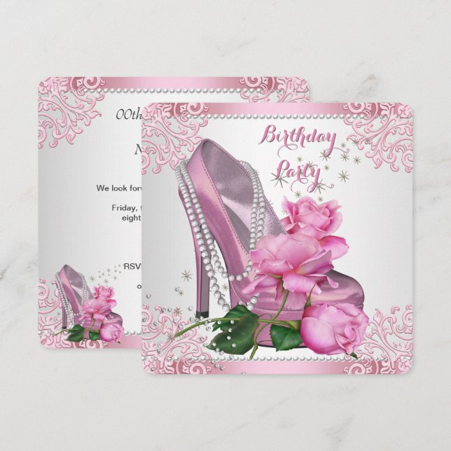 Invitación Taconeras Rosa Rosa Encaje Perlas Fiesta de Cumple (Anverso / Reverso)