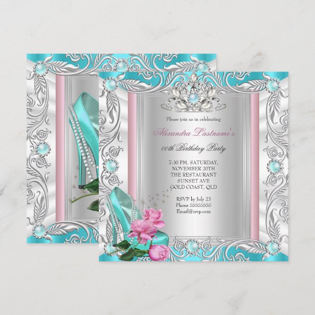 Invitación Taconeras Rosa Teal Fiesta de Cumpleaños de Prince (Anverso / Reverso)