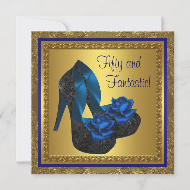 Invitación Tacones altos azul real y dorado 50 cumpleaños (Anverso)