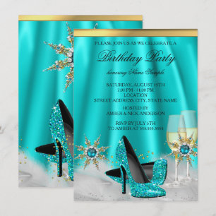 Invitación Tacones altos azul teal brillo oro champán fiesta