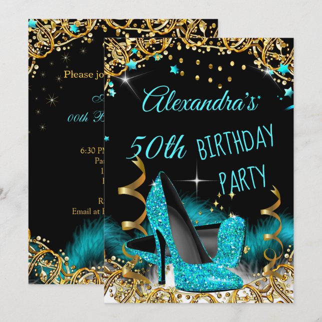 Invitación Tacones altos azul turquesa brillo dorado fiesta d (Anverso / Reverso)