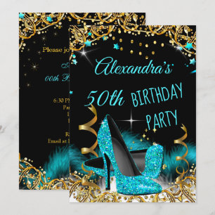 Invitación Tacones altos azul turquesa brillo dorado fiesta d