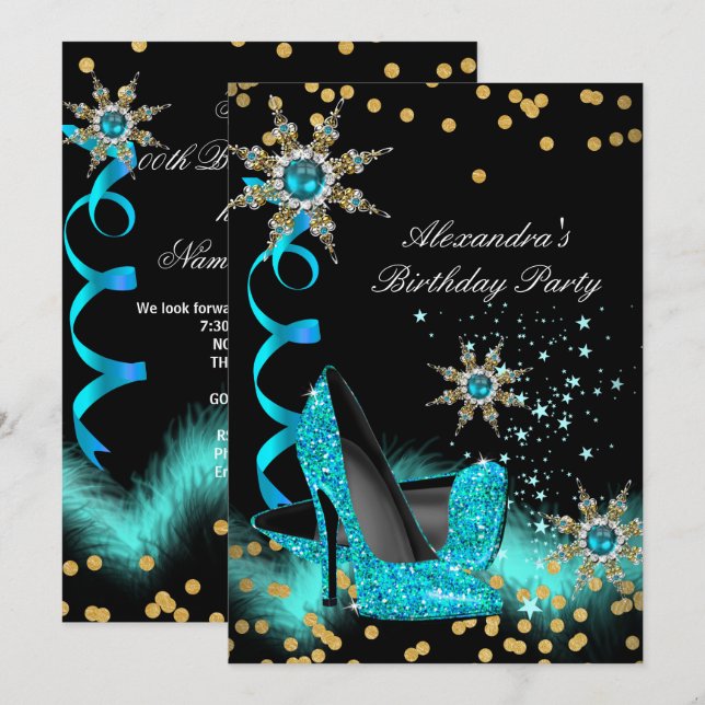Invitación Tacones altos azul turquesa con brillo Fiesta de c (Anverso / Reverso)