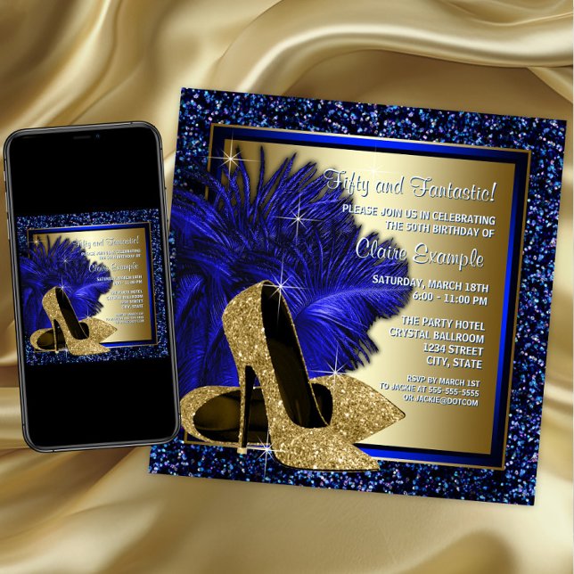 Invitación Tacones Altos Azules y Dorados para Fiesta de Cump (Womans royal blue and gold high heel shoe invitation. Any number or event. Digital and printed.)