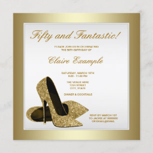 Invitación Tacones altos blancos y dorados Cumpleaños 50 de m