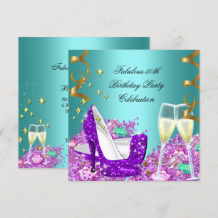 Invitación Tacones altos brillantes de color púrpura verde az