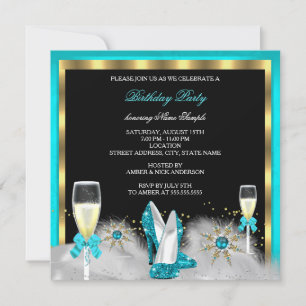 Invitación Tacones altos brillo azul verde zapatos negro dora