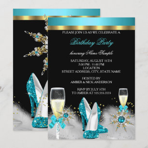 Invitación Tacones altos brillo azul verde zapatos negro dora