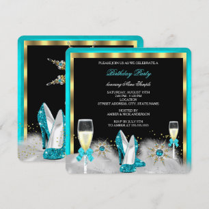 Invitación Tacones altos brillo azul verdoso negro dorado cha