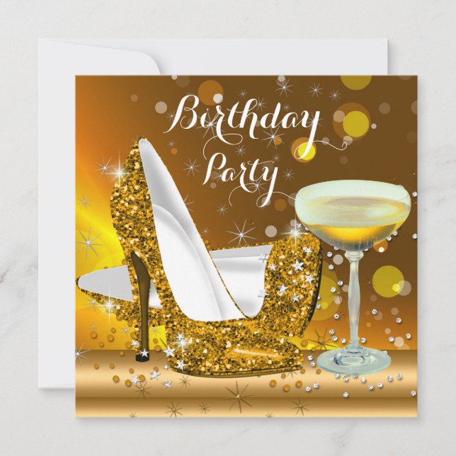 Invitación Tacones Altos Brillo Dorado Fiesta de Cumpleaños C (Anverso)