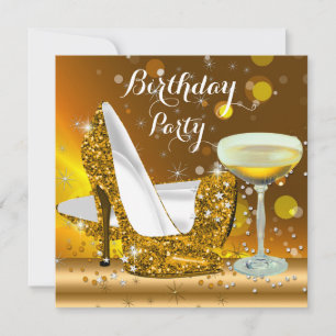 Invitación Tacones Altos Brillo Dorado Fiesta de Cumpleaños C