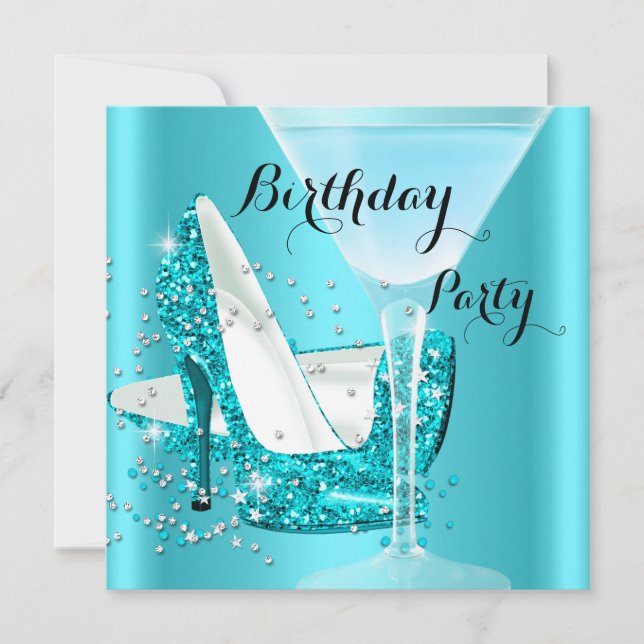 Invitación Tacones Altos Cóctel Azul Verde Cumpleaños 2 (Anverso)