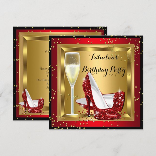 Invitación Tacones altos con brillo de champán rojos para fie (Anverso / Reverso)